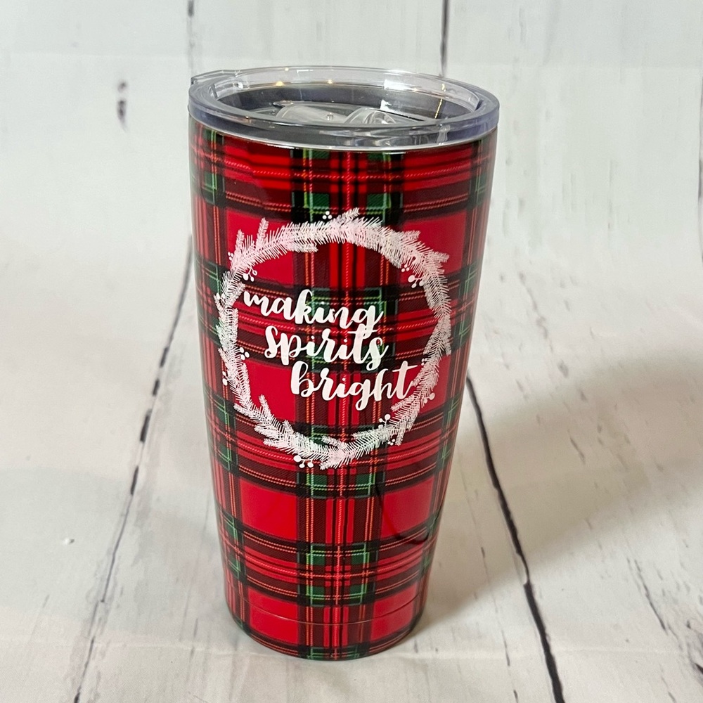 Thirty Fourth & Main Christmas Plaid 20oz Tumbler Making Spirits Bright NWT